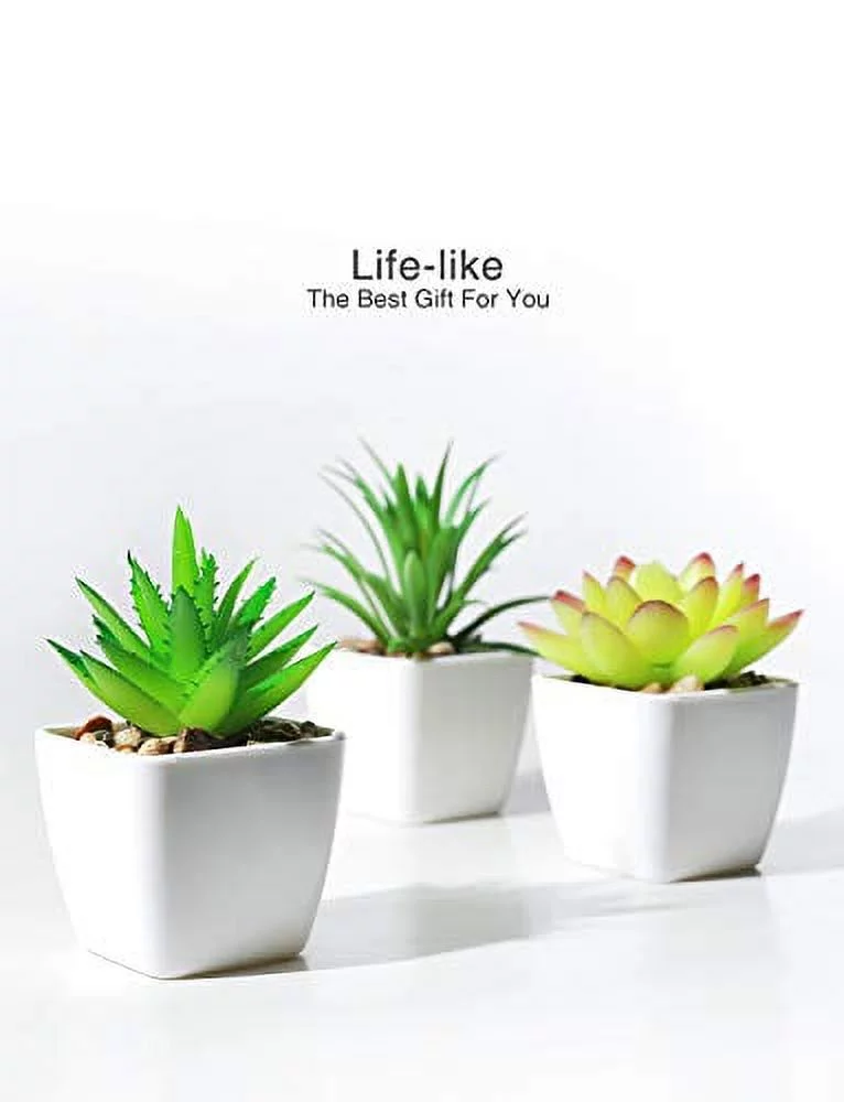 DuHouse Fake Succulents Plants Artificial Potted Faux Plant in Mini Square White Pots for Wedding Home Garden Decor Set of 4(Green)