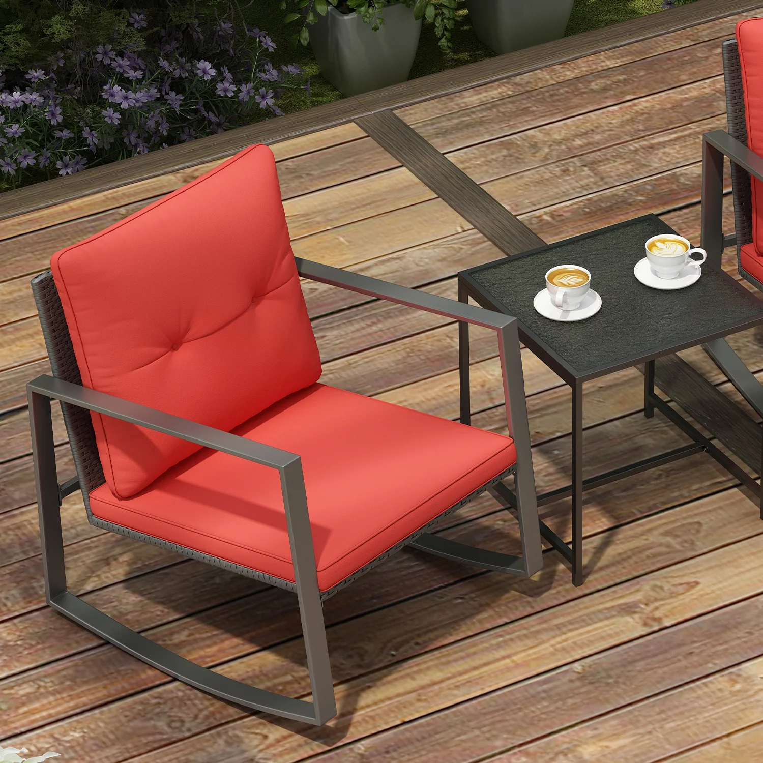 Lilac 3-Piece Patio Modern Furniture Set - A Solid Coffee Table With Two Plush Cushioned Chairs - Red