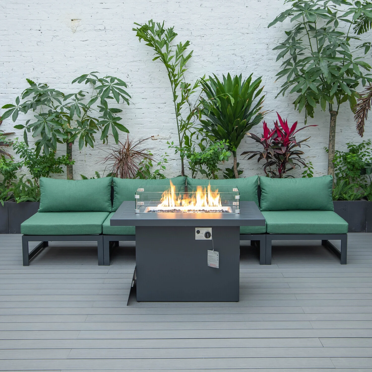 Maykoosh Lakeside Living 5-Piece Middle Patio Chairs and Fire Pit Table Set Black Aluminum With Cushions