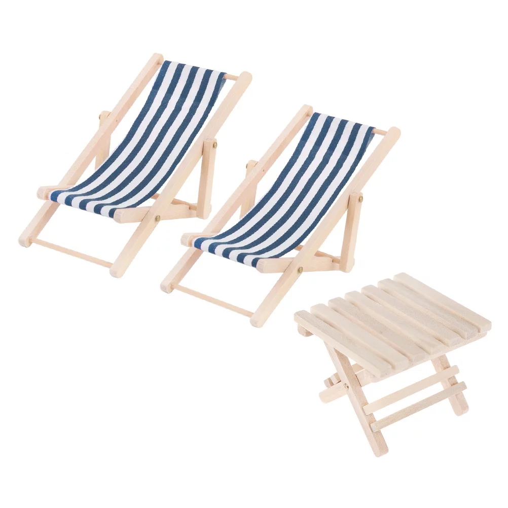 1 Set 1/12 Mini House Miniature Furniture Model Wooden Lounge Chair Beach Chair Set for Kids (Blue 2pcs Lounge Chair and 1pc Foldable Beach Table)