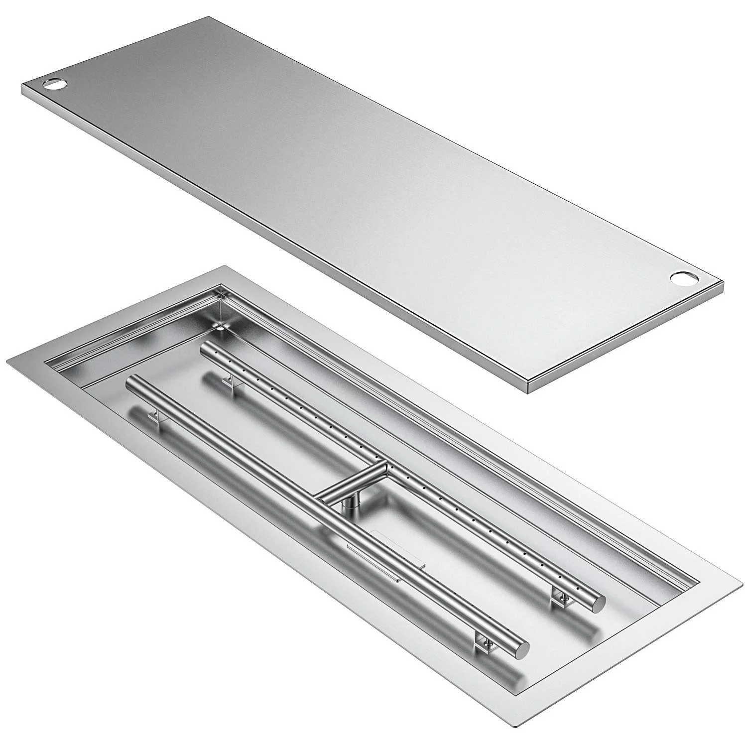 American Fire Glass 36 x 6 inch Linear Stainless Steel Drop-In Fire Pit Pan with Match Light Kit - Natural Gas, SS-LCBMKIT-N-36