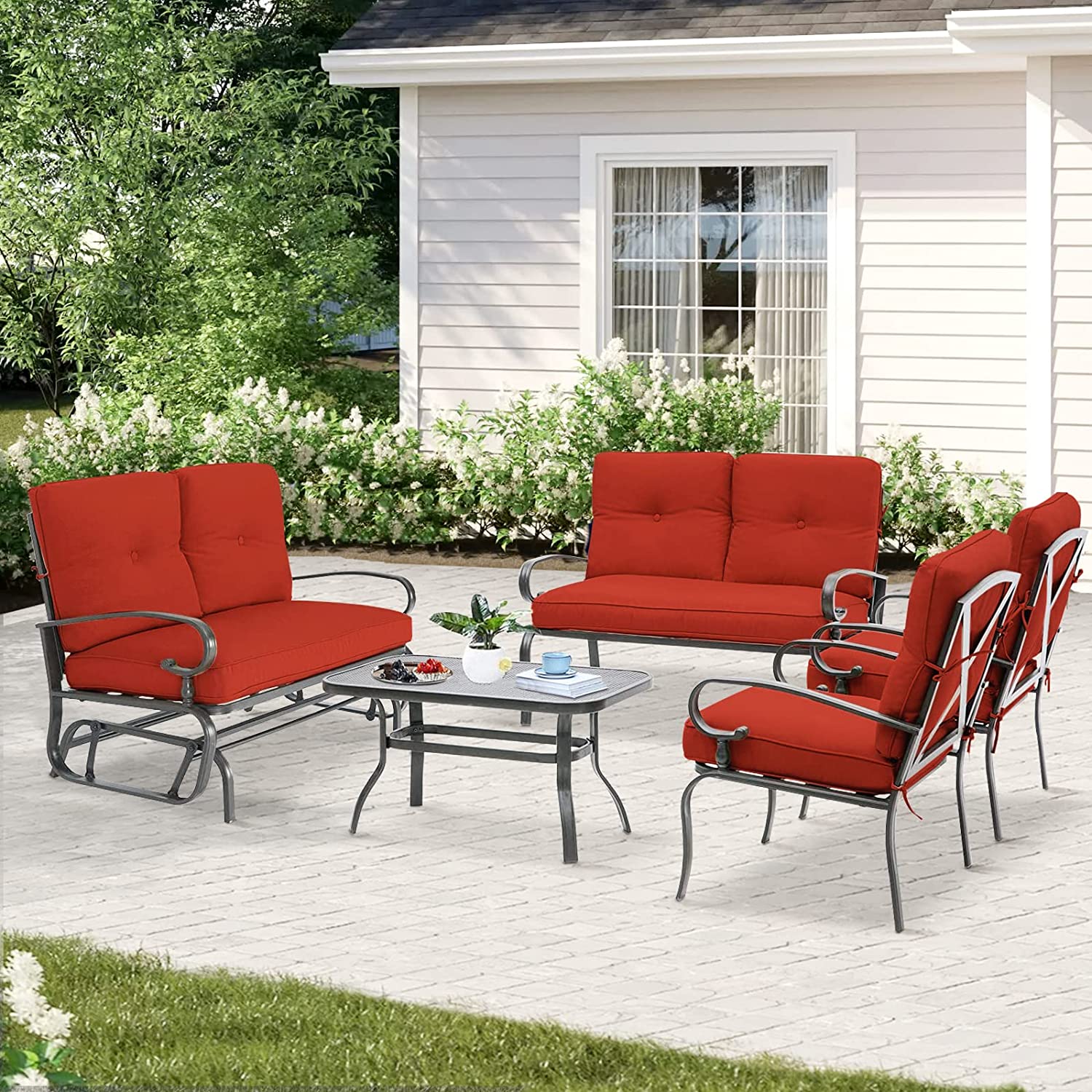 Dina 5 Pcs(6 Seats) Outdoor Metal Furniture Sets Wrought Iron Patio Conversation Sets  (Glider  2 Single Chairs  Loveseat  and Coffee Table) with Cushion (Brown)