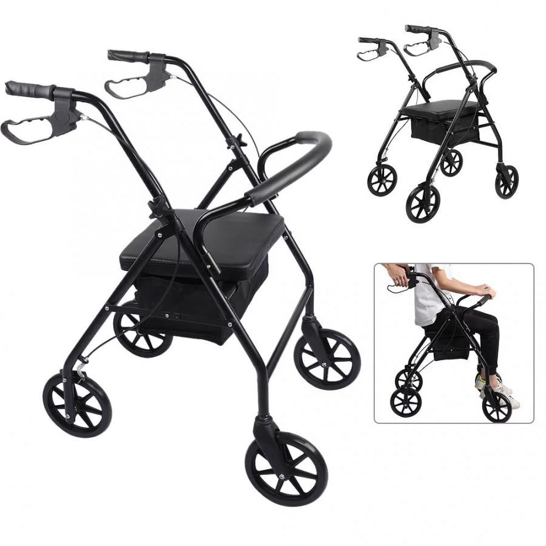 Aluminum Rollator Rolling Walker with Medical Curved Back Soft Seat Light Weight