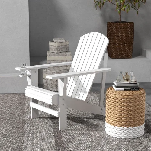 Zateety Wooden Adirondack Chair, Outdoor Patio Lawn Chair with Cup Holder, Weather Resistant Lawn Furniture, Classic Lounge for Deck, Garden, Backyard, Fire Pit, White On-Site