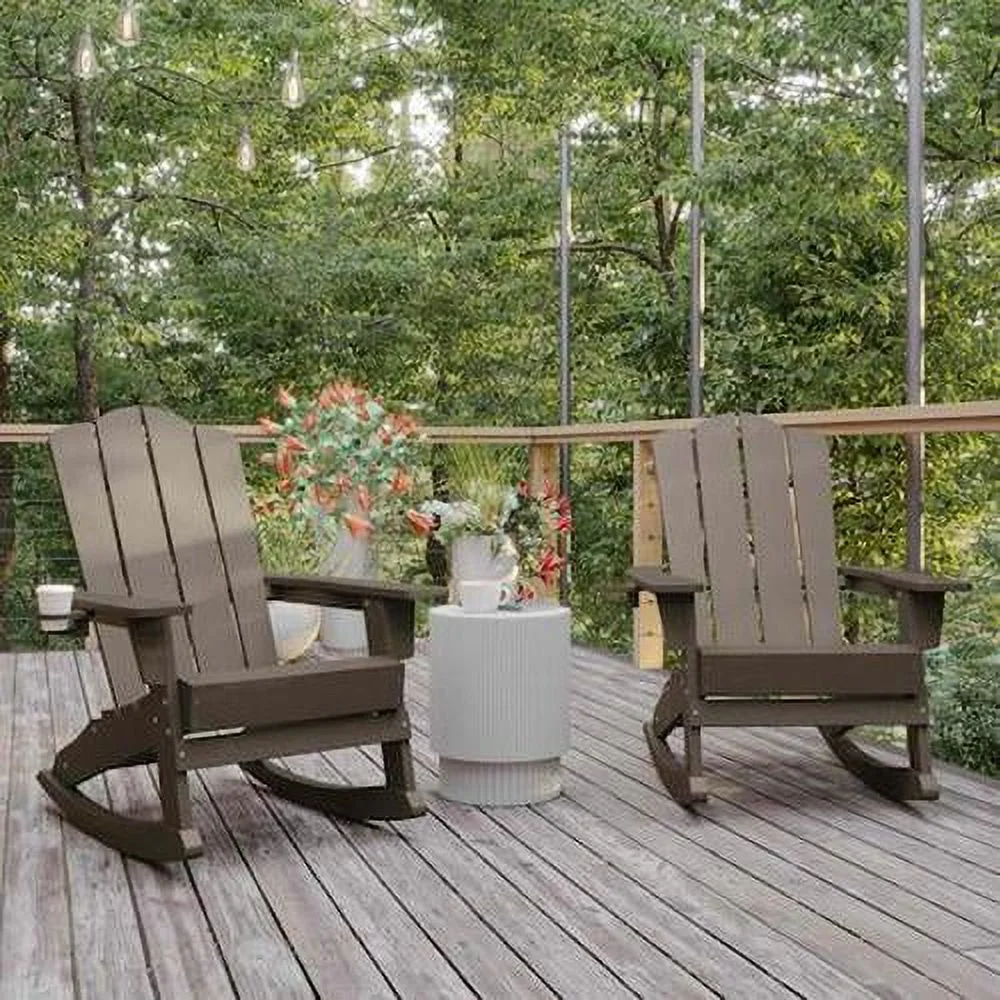 Newport Adirondack Rocking Chair w/Cup Holder, Weather Resistant HDPE, Brown, 2PK