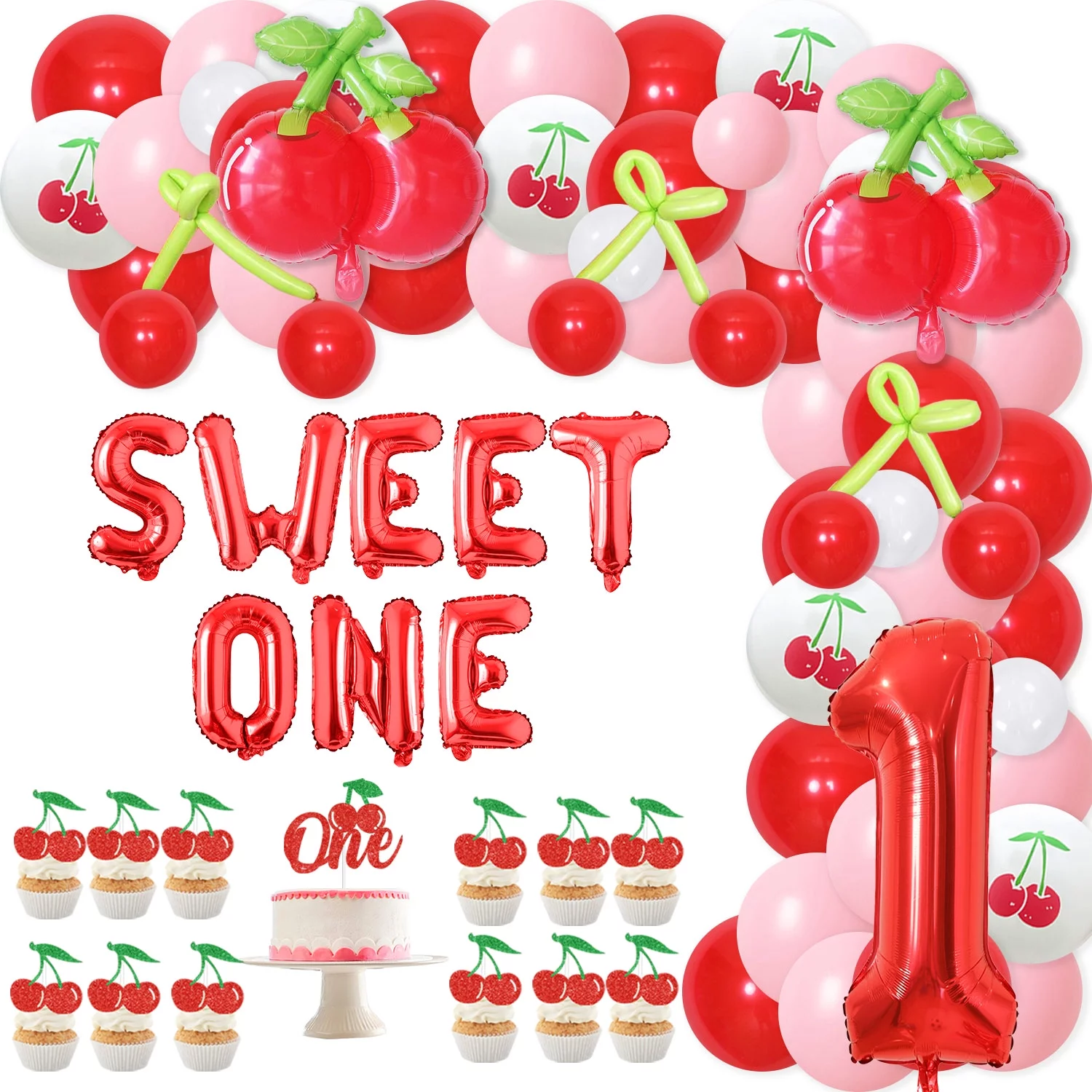 Cherry Theme Birthday Party Supplies, Cherry Sweet One 1st Birthday Party Decorations with Cherry Garland Banner Balloons Set for Girl Cherry Berry First Birthday Party Supplies