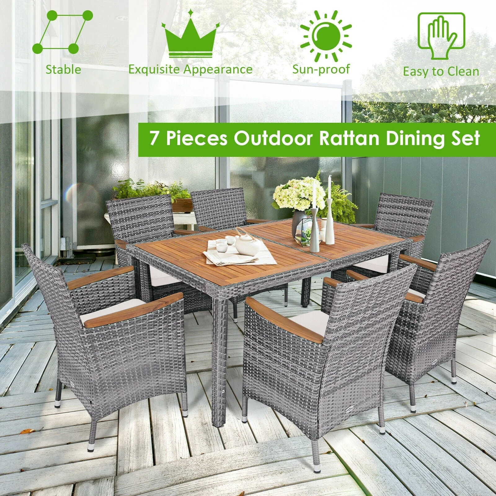 Gray 7PCS Patio Rattan Dining Set Cushioned Chair Wood Table Mix