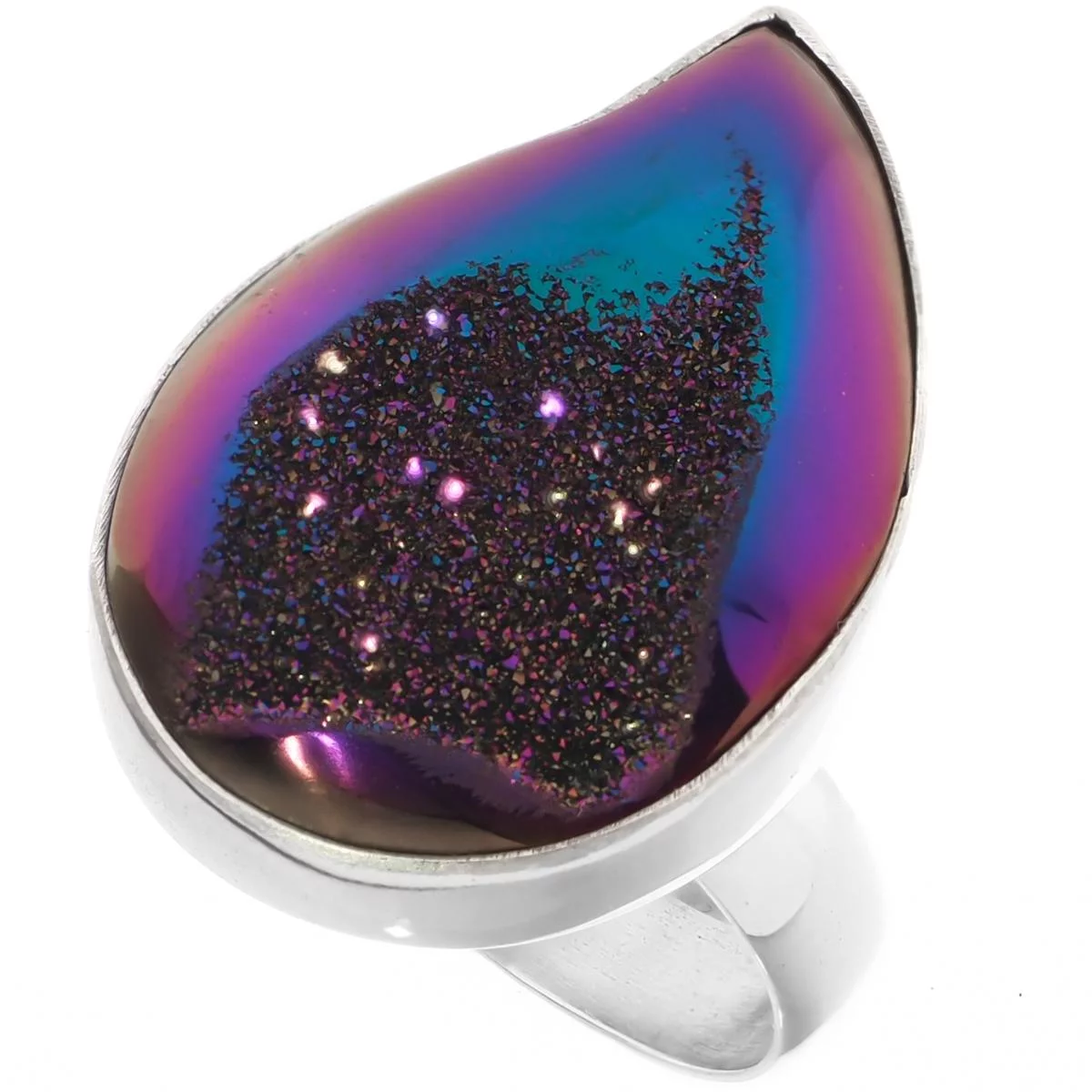 Sz 7 Teardrop Rainbow Titanium Druzy Agate 925 Sterling Silver Ring, 1