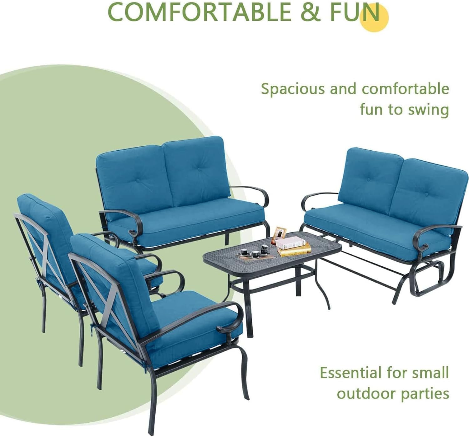 Dina 5 Pcs (6 Seats) Outdoor Patio Furniture Conversation Sets  Glider  Loveseat and Coffee Table  2 Lounge Chairs with Cushions (Peacock Blue)
