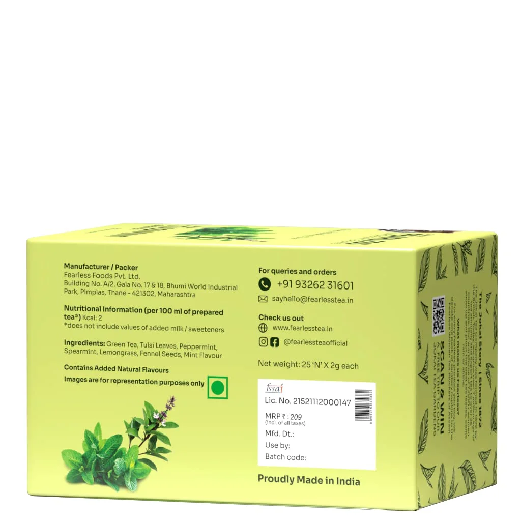 Fearless Tulsi Mint Green Tea Bags 25 Pcs | With Organic Vana Tulsi Leaves | Refreshing Minty Taste | Anti-Aging Benefits | Sweet Aroma, Delicious Taste | Latest & Safe Pyramid Bag