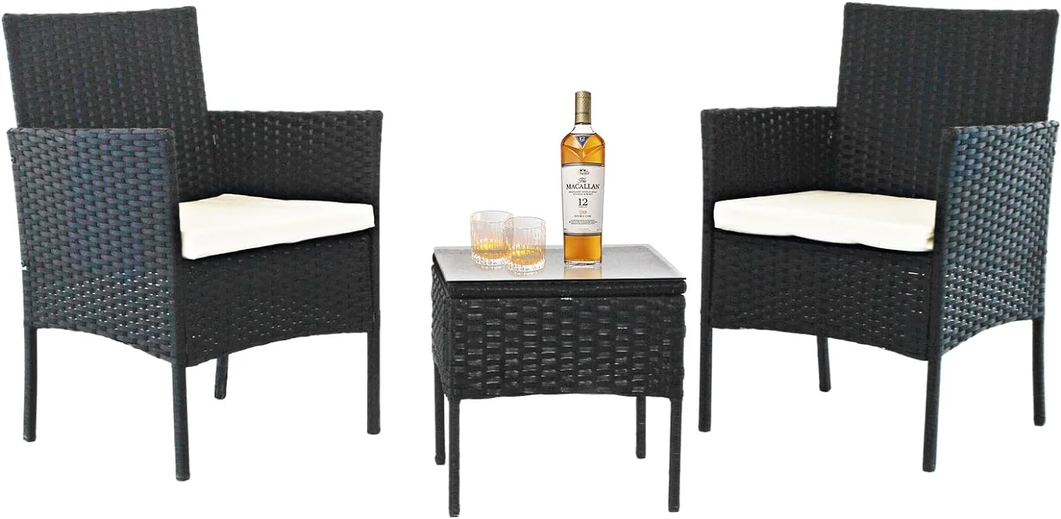 Patio Furniture Sets 3 Pieces Outdoor Conversation Set with Coffee Table Patio Wicker Rattan Chairs Set Bistro Sets for Garden  Yard  Lawn  and Balcony (Black)