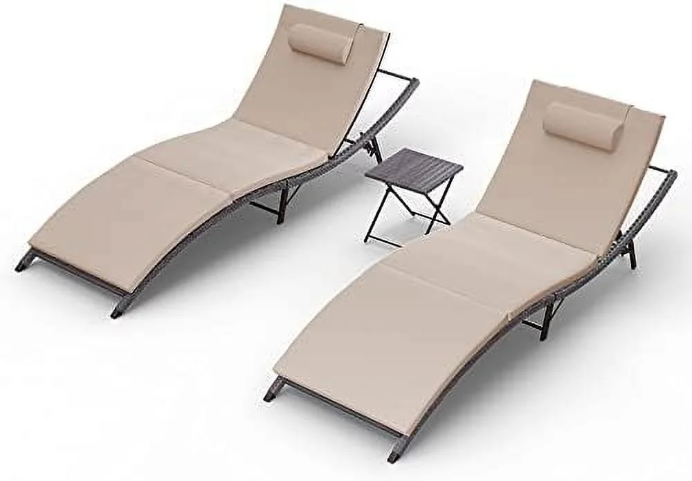 QYFZBIM 3 Pieces Patio Chaise Lounge Set Outdoor PE Rattan Lounge Chair Adjustable Backrest Reclining Chair with  and Cushion for Patio Poolside Backyard Porch Beach(Navy Blue)