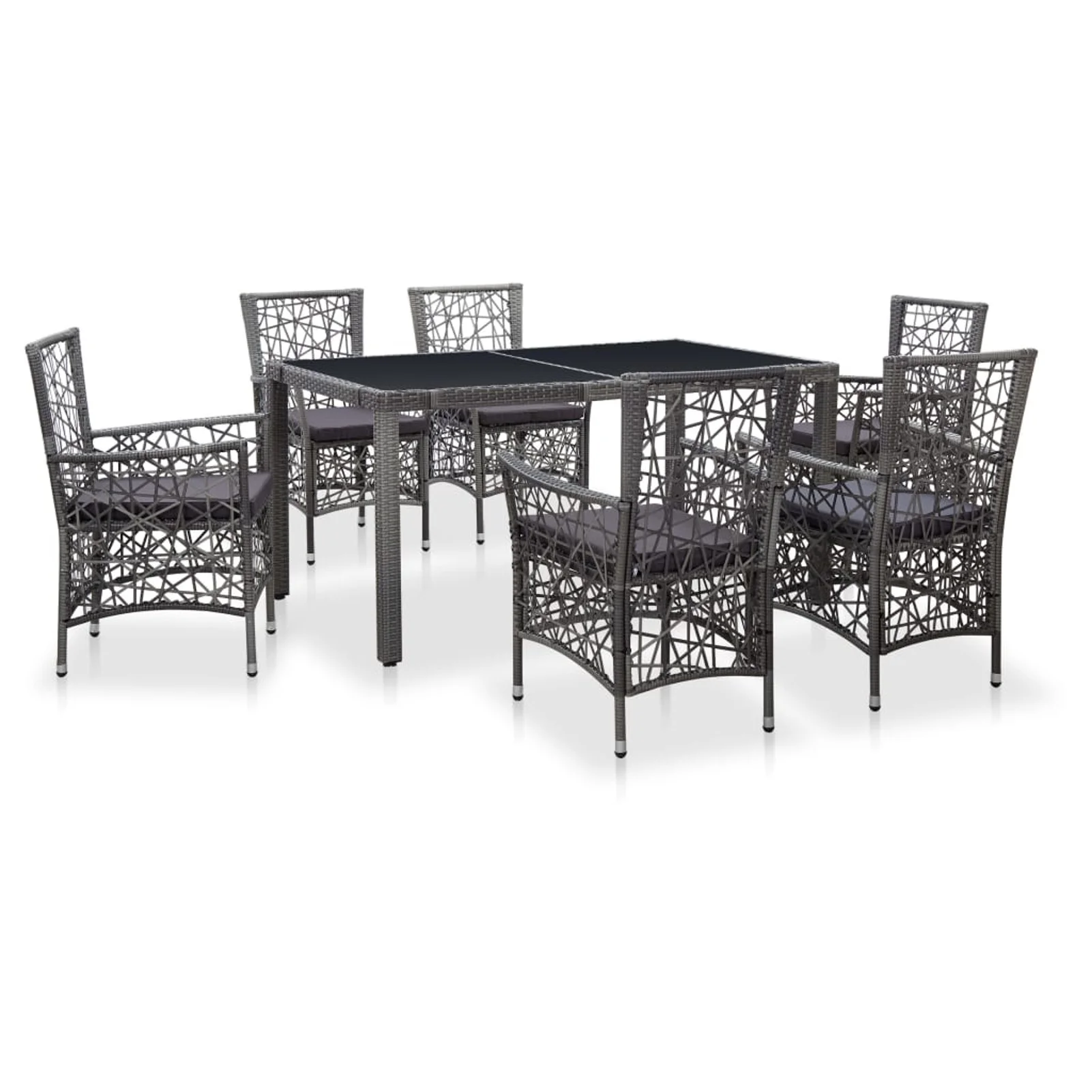 Dcenta 7 Piece  Dining Set Elegant Tempered Glass  Table with 6 Chairs and Cushion Seating Gray Poly Rattan Sectional Conversation Set Garden Backyard Balcony Patio Furniture