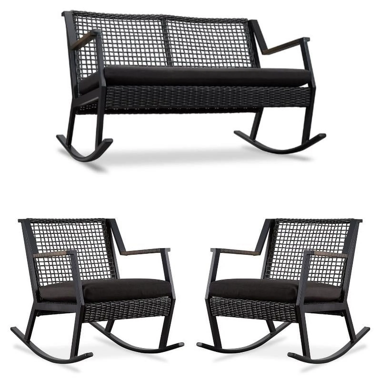 Home Square 3-Piece Set with 2 Patio Rocker Chairs & Patio Rocker Bench in Black