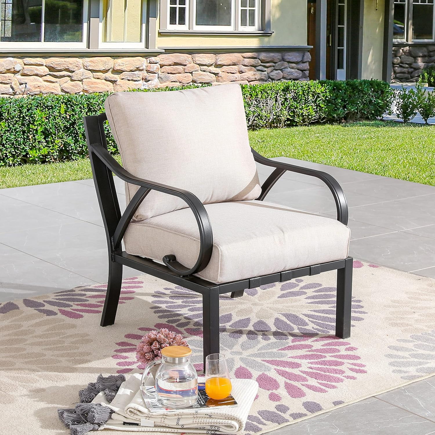 Outdoor Dining Chair Patio Bistro Furniture Metal Single Armchair with Cushion, Beige
