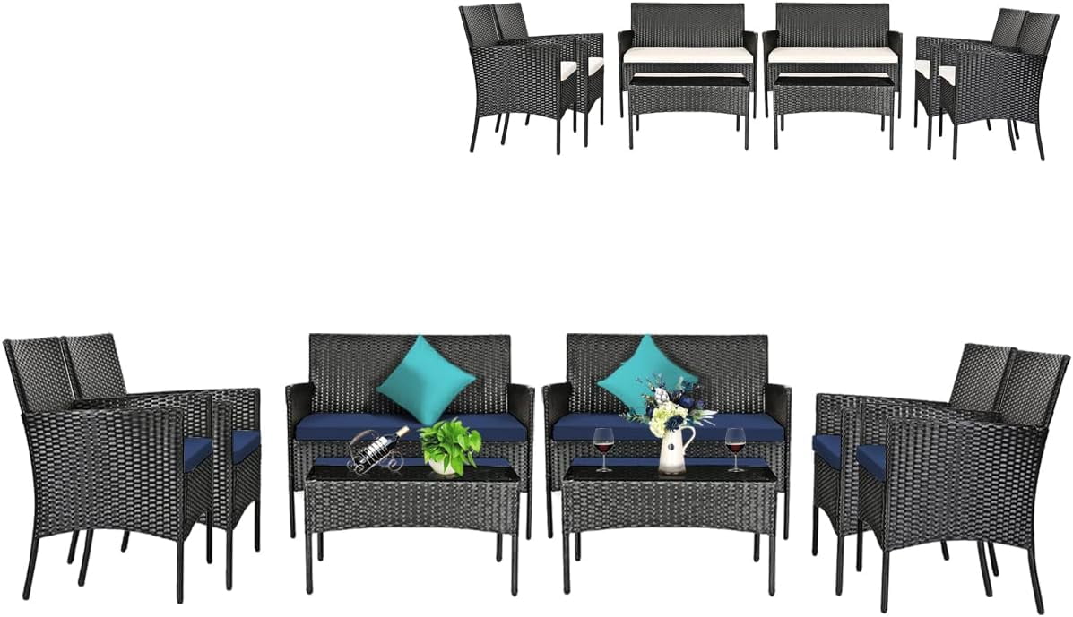 Dina 4 Pieces Patio Rattan Conversation Set  Outdoor Wicker Furniture Set with Tempered Glass Coffee Table &Thick Cushion  Rattan Chair Wicker Set for Garden  Lawn  Poolside and Backy