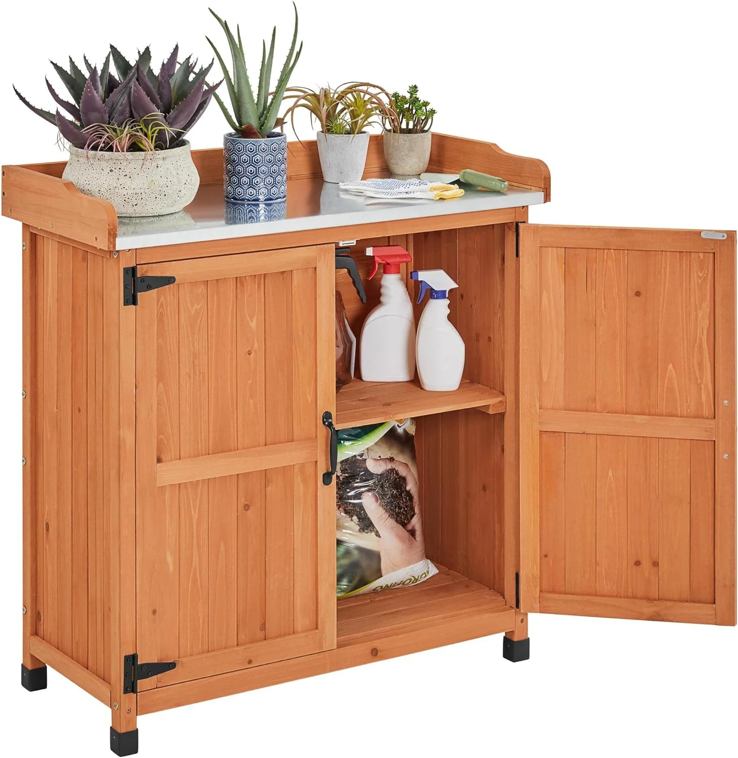 Garden Potting Bench Table, Outdoor Garden Horticultural Wooden Storage Cabinet & Solid Wood Planting Work Bench with Large Space Storage & Metal-Plated Tabletop, Brown