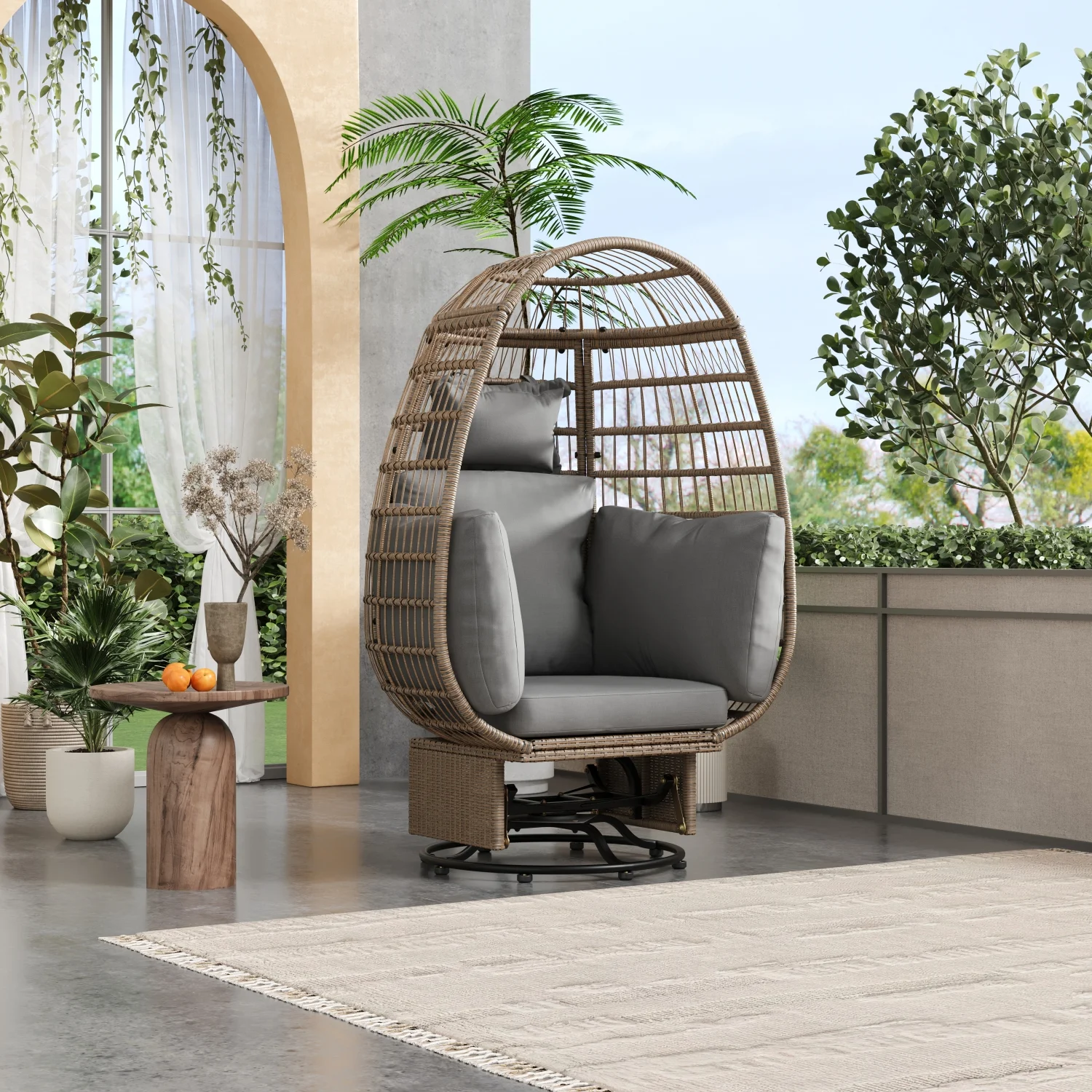 Comfortable and Stylish TREXM Outdoor Rattan Egg Swivel Chair with Rocking Function and Grey Cushions  Perfect for Balcony  Poolside  and Garden Use