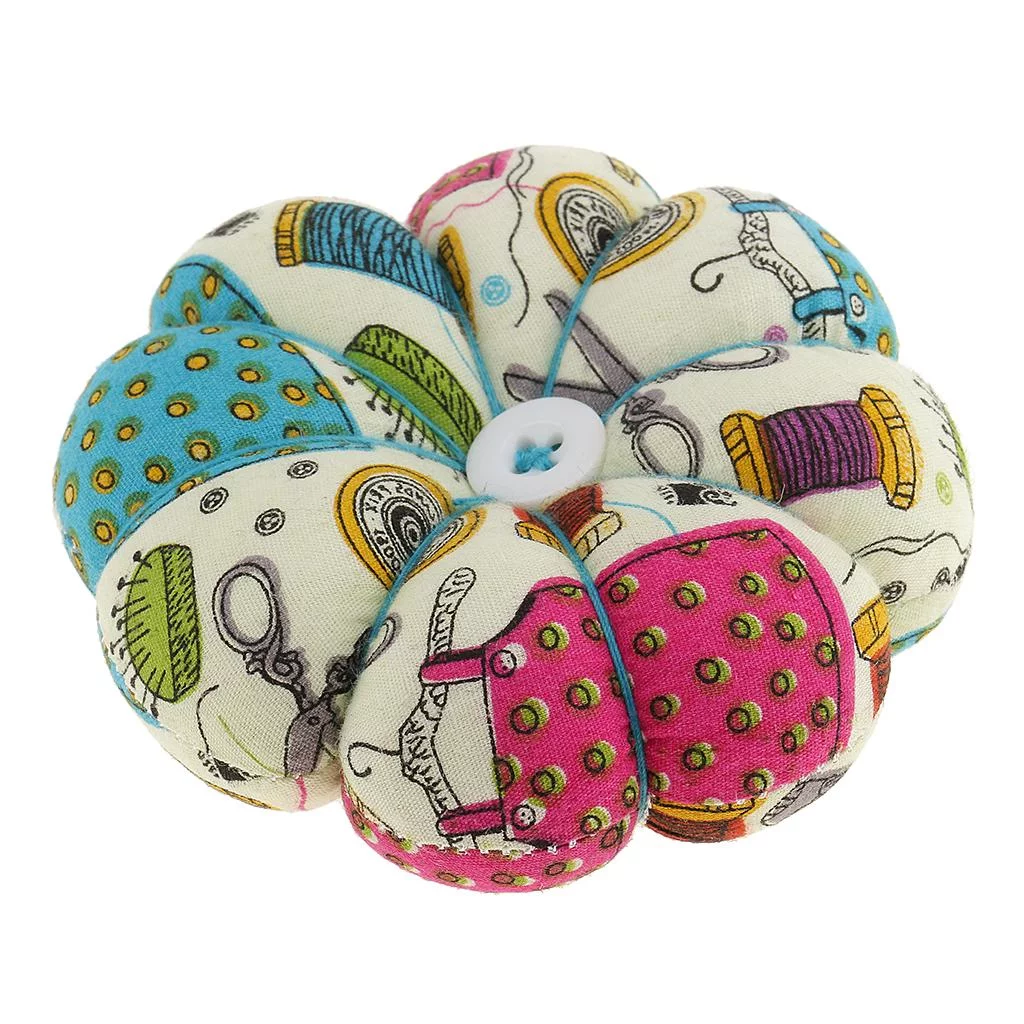 Printed Floral Pin Cushion Fabric Pumpkin Shaped Sewing Tool with Wrist Band for Pins And , 9 X 9 X 4cm