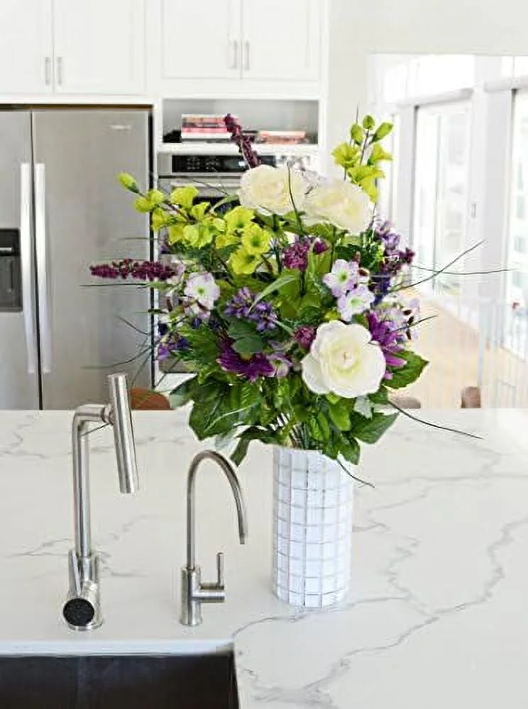 Artificial Dahlia, Morning And Ranunculus And Blossom Fillers Mixed Bush - 30 Stems For Home, Wedding, Restaurant And Office Decoration Arrangement, Violet/Cream/Kiwi