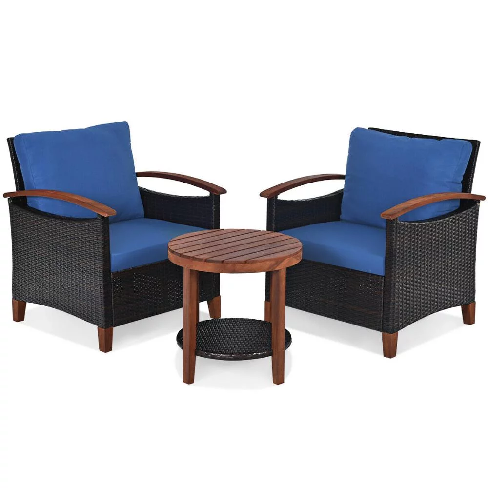 3PCS Patio Rattan Furniture Set Solid Wood Frame Cushion Sofa Round Table Shelf