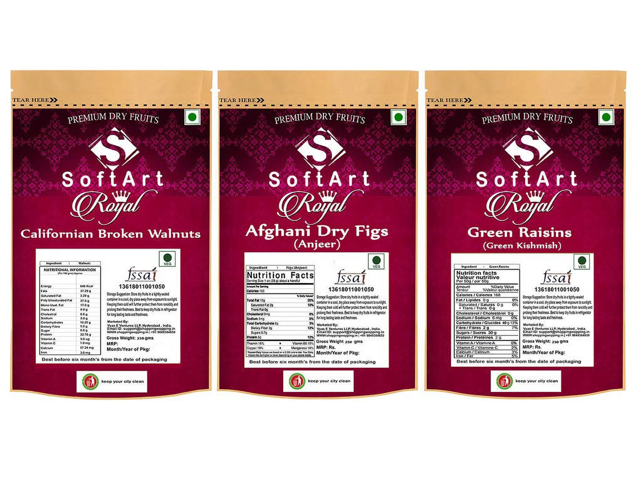 Softart Royal Californian Broken Walnuts, Afghani Dry Figs (Anjeer) & Green Kishmish (Green Raisins) (250G Each) Vacuum Pack
