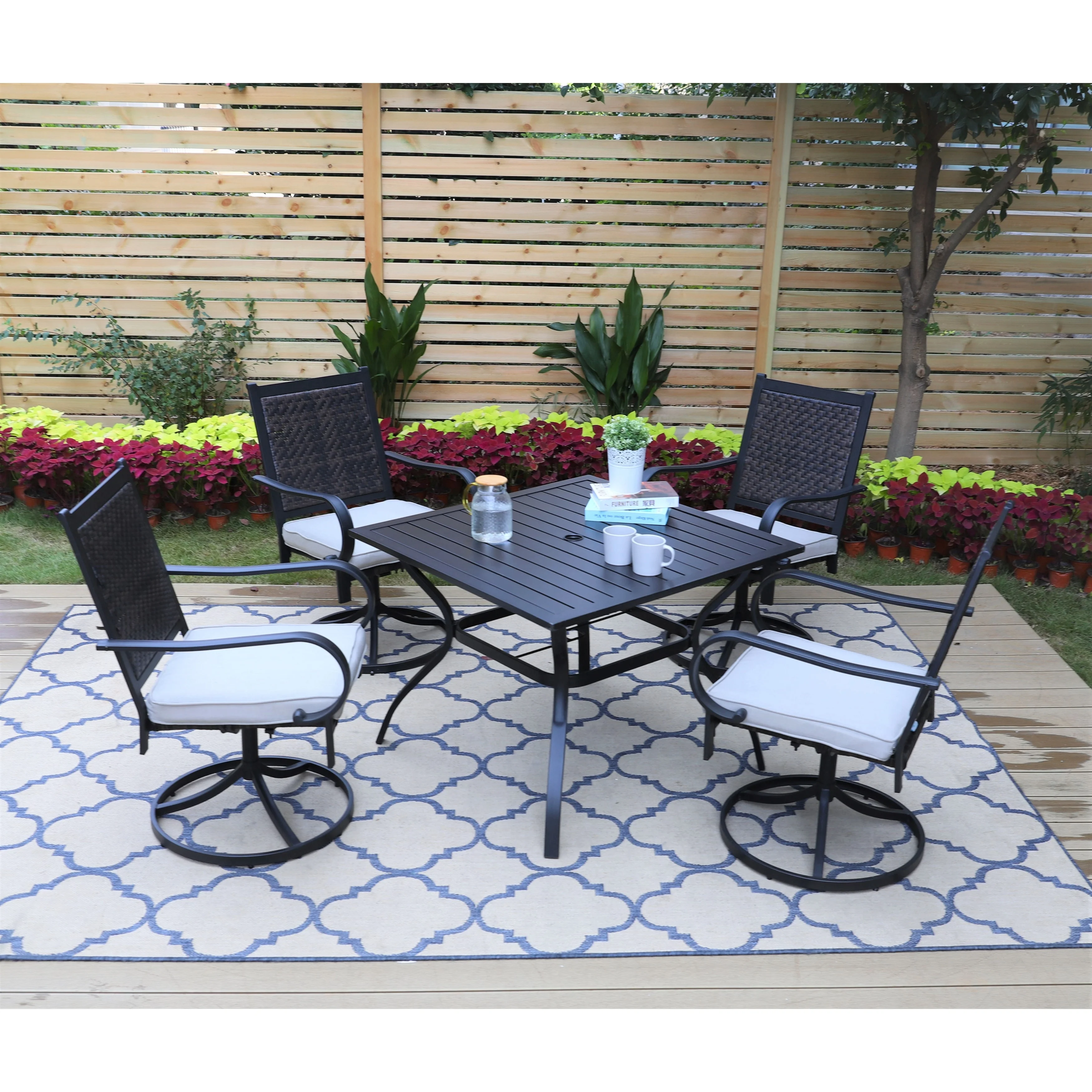 5-piece Patio Dining Set, 4 Rattan Swivel Chairs with Cushion and 1 Metal Table