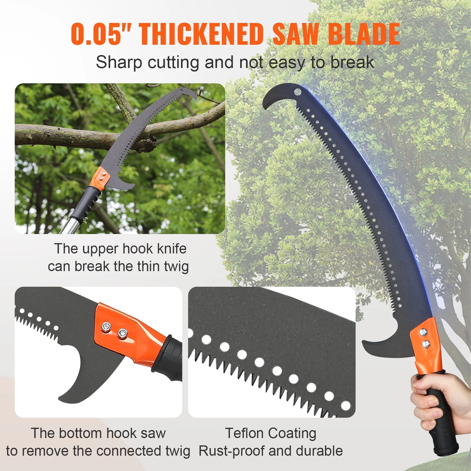SKYSHALO Manual Pole Saw Extendable Tree Pruner 7.3-27ft Fiberglass Pole Hook Knife