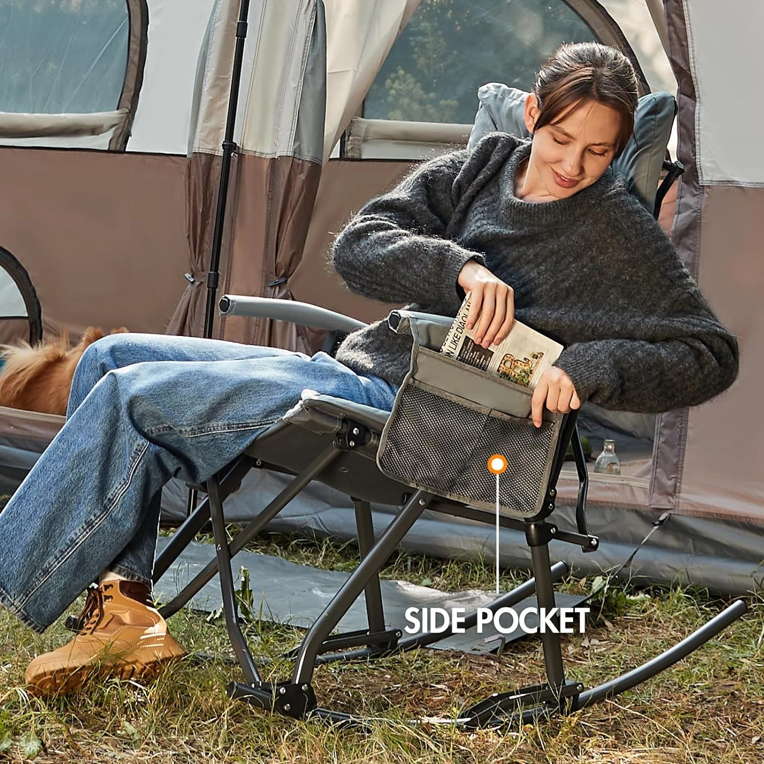 Folding Rocking Chair Indoor & Outdoor Thick Padded Rocking Recliner Chair Portable Camping Rocker for Patio Front Porch Backyard Lawn Living Room, Supports 400 LBS，Grey