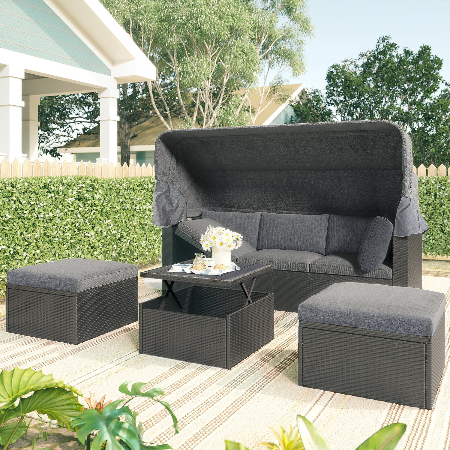 U_Style Outdoor Patio Rectangle Daybed with Retractable Canopy  Wicker Furniture Sectional Seating with Washable Cushions  Backyard  Porch(As same as WY000263AAE)
