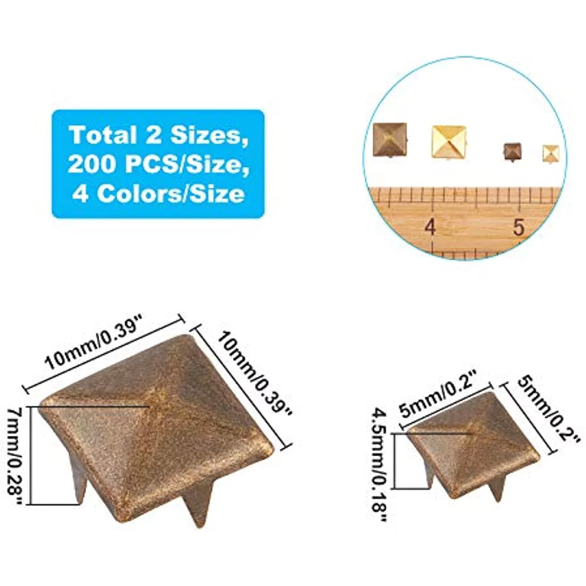 About 400pcs 4 Colors Square Iron Rhinestone Claw 10mm Bag Leather Clothing Shoes Rivet Handicraft DIY Spikes Spots Studs Accessories with Straight Tipped Scratch Awl Craft Tool