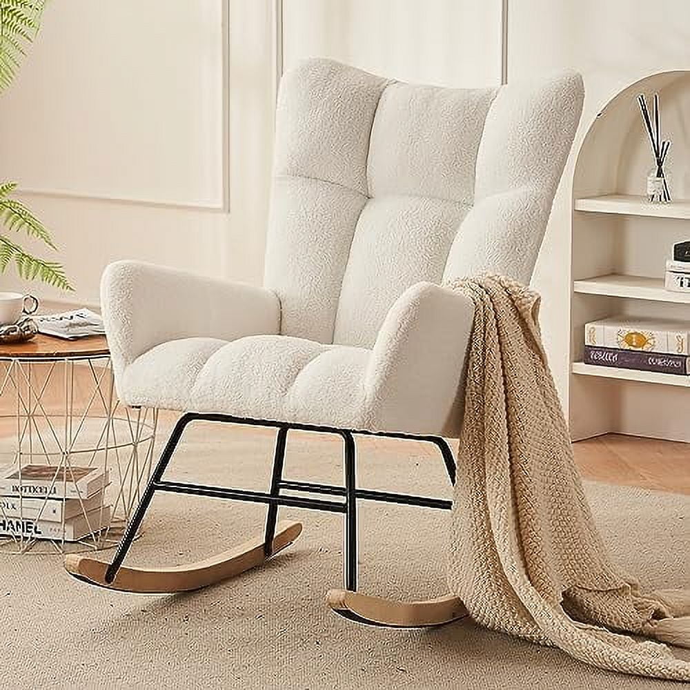 AEFRGHS Modern Nursery Rocking Chair  Upholstered Glider Chair with High Backrest  Rocker Accent Armchair with Solid Wood Legs for Nursery Bedroom Living Room (Light Blue Teddy)
