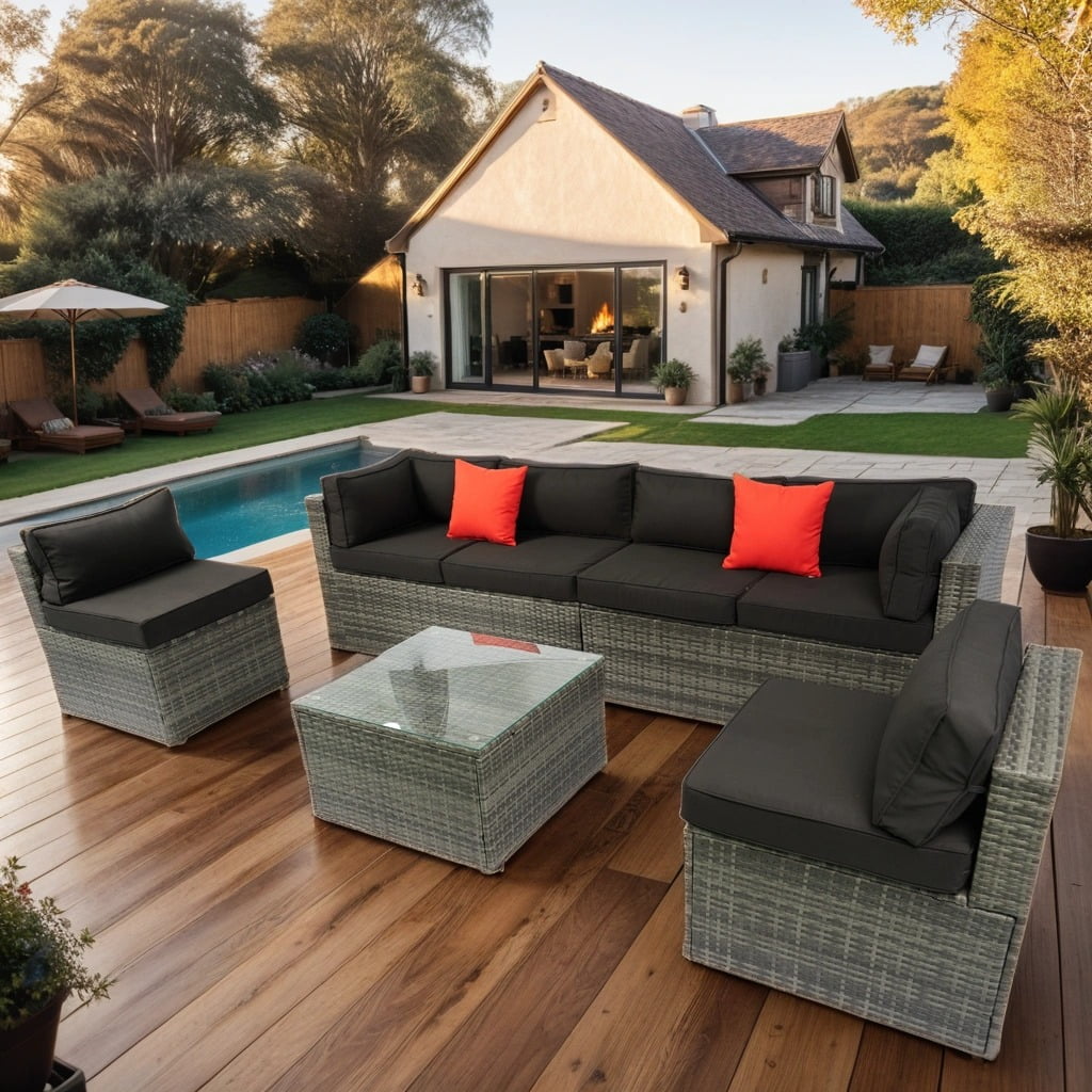 5 Pieces Patio Furniture Set, Outdoor PE Rattan Wicker Conversation Set, Outdoor Sectional Furniture Set with Glass Top Coffee Table, Black