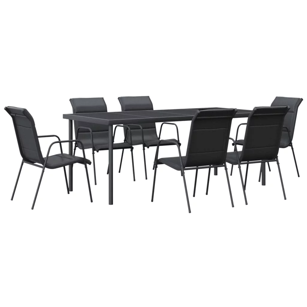 Walmeck 7 Piece Patio Dining Set Black Steel and Textilene