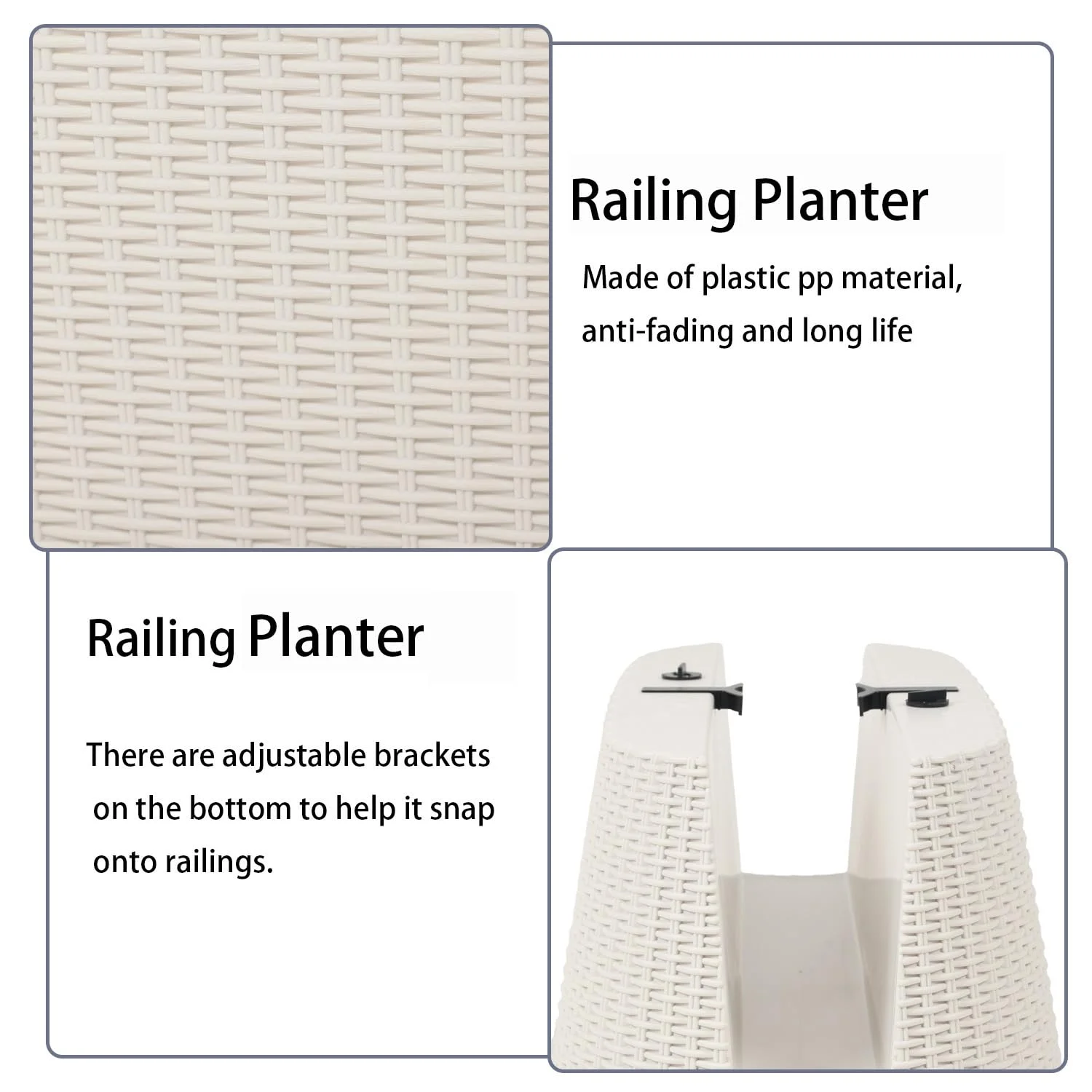 20'' Outdoor Balcony Railing PP Plastic Flower Pots - 4-Piece Set with Two Drainage Holes and Adjustable Brackets for Railings, Patios, Fences, Decks - White