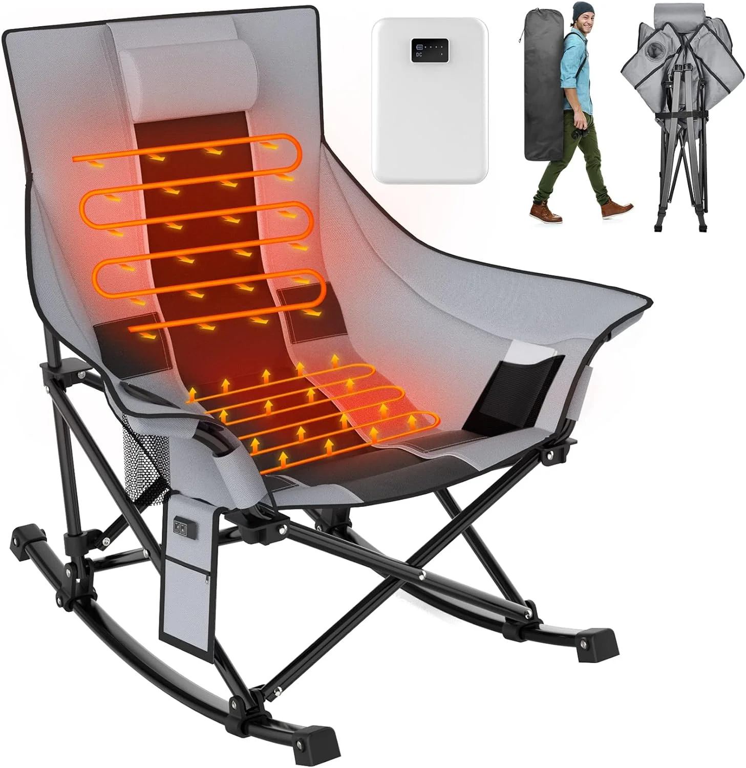 Suteck Oversized Heated Camping Chair  XL Rocking Camping Chair with 3 Heat Levels for Back and Seat  Portable Folding Heated Chairs Outdoor Sports W/10 000mAh Power Bank for Patio Lawn P