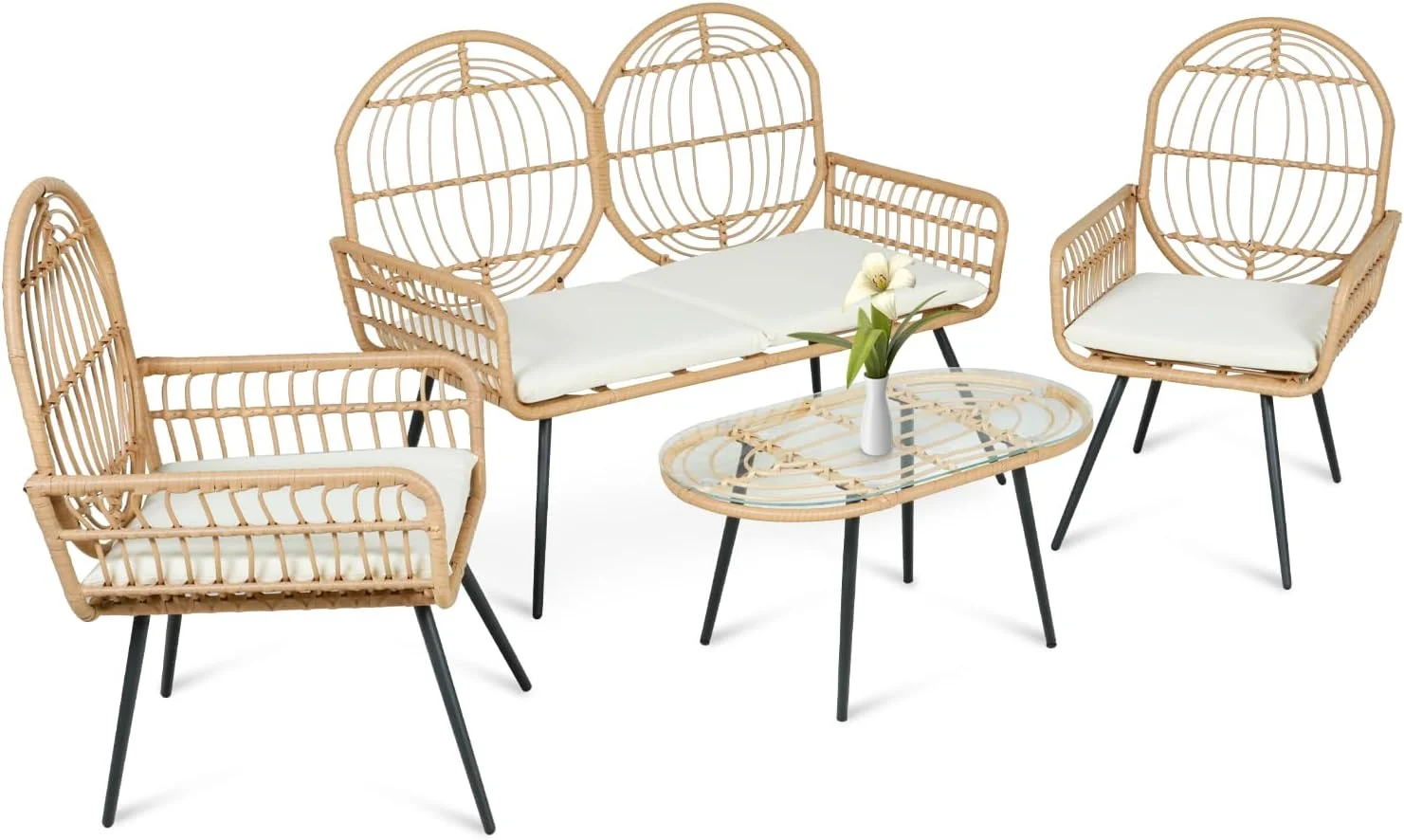 FUNCOKO 4 Pieces Wicker Patio Conversation Set  Dina All-Weather Rattan Outdoor Bistro Sets with Loveseat Chair  Glass Table & Soft Cushions for Backyard  Balcony  Deck