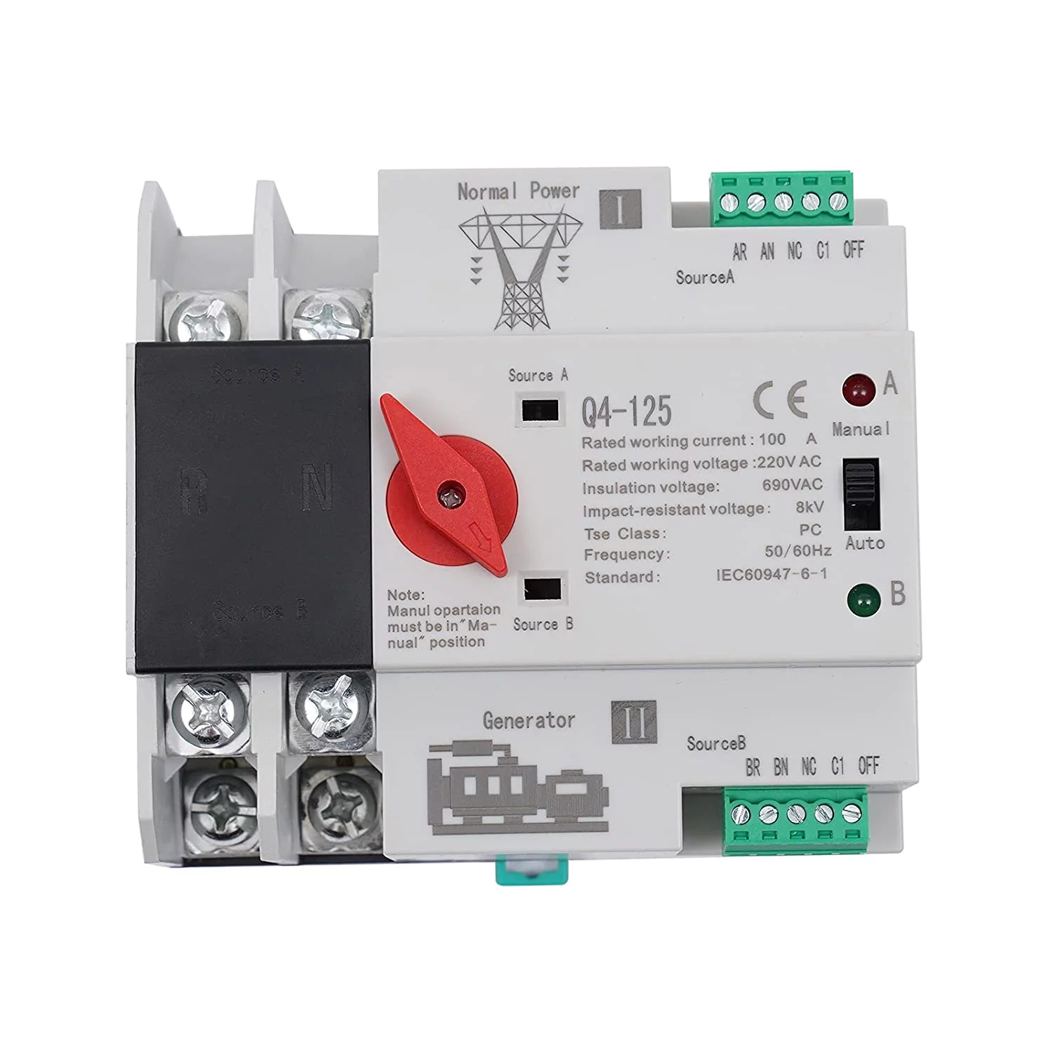 FETCOI 2P 110A Dual Power Automatic Transfer Switch Safe and Useful,Durable 110V Mini Generator Changeover Switch,Support Multiple Protection Functions and Wide Range of Uses