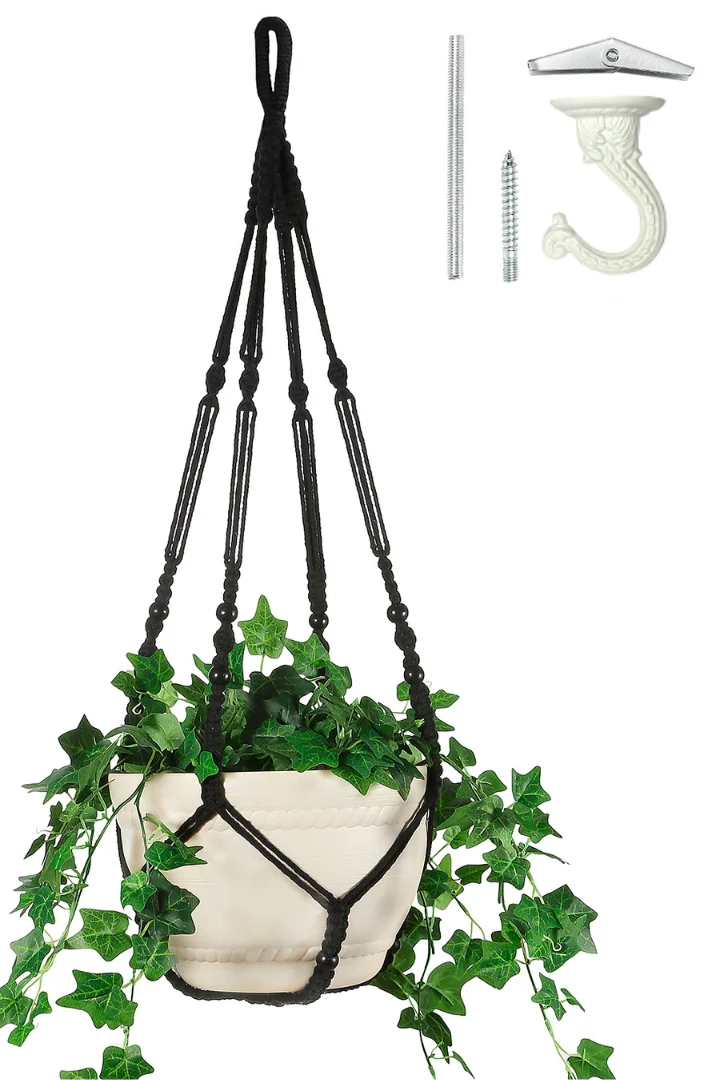 Shineloha 43 Inches Macrame Plant Hanger Large for up to 12 inch Pot Extra Long + Hook | No Tassel, Cotton Rope Hanging Plant Holder with Swag Hook, NO Plant/Pot Included (Black)