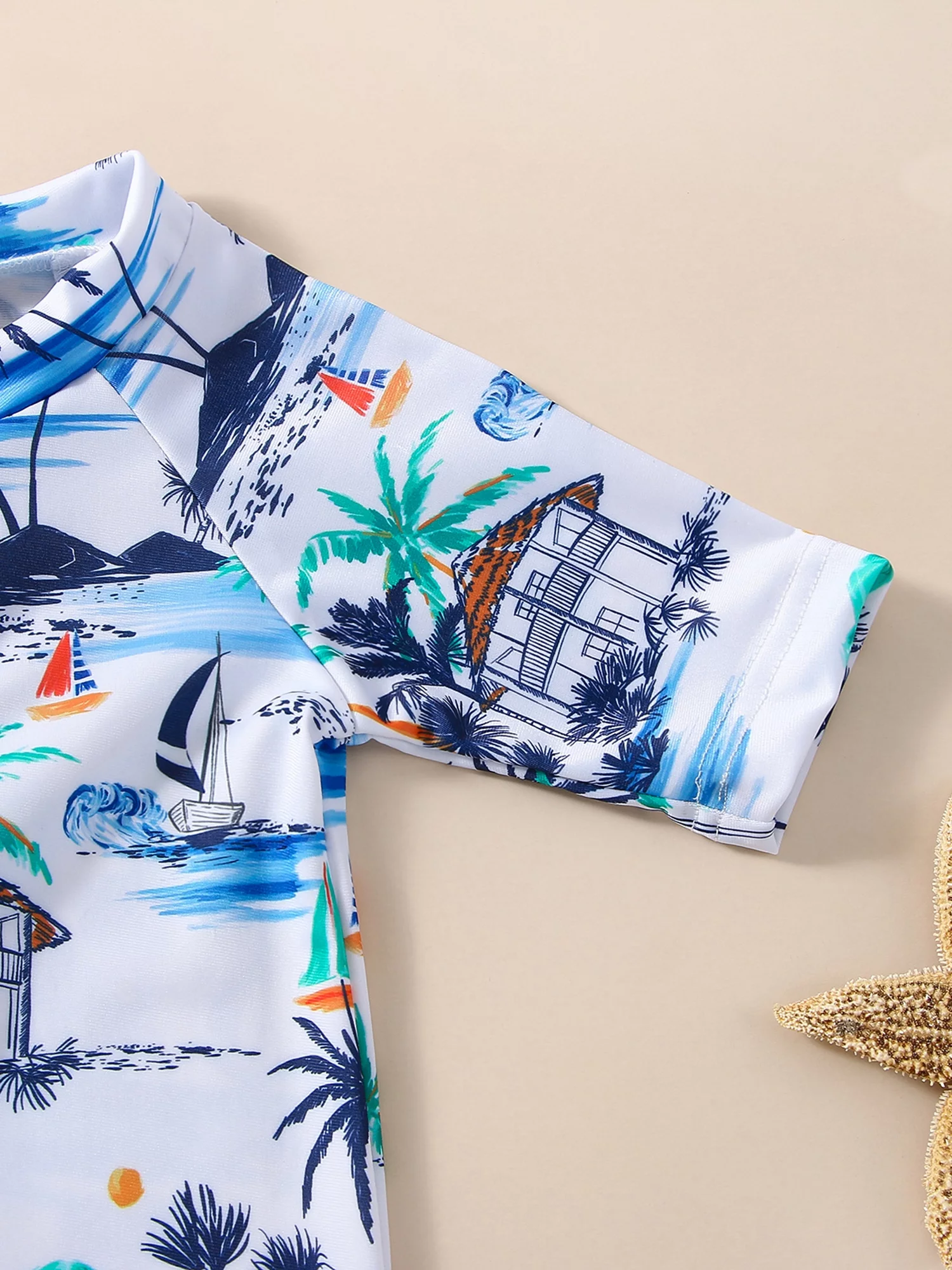 HOANSELAY Boy Romper Swimsuit, Long Sleeve Stand Neck Zipper Coconut Tree Beach Print Beach Swimwear Jumpsuit