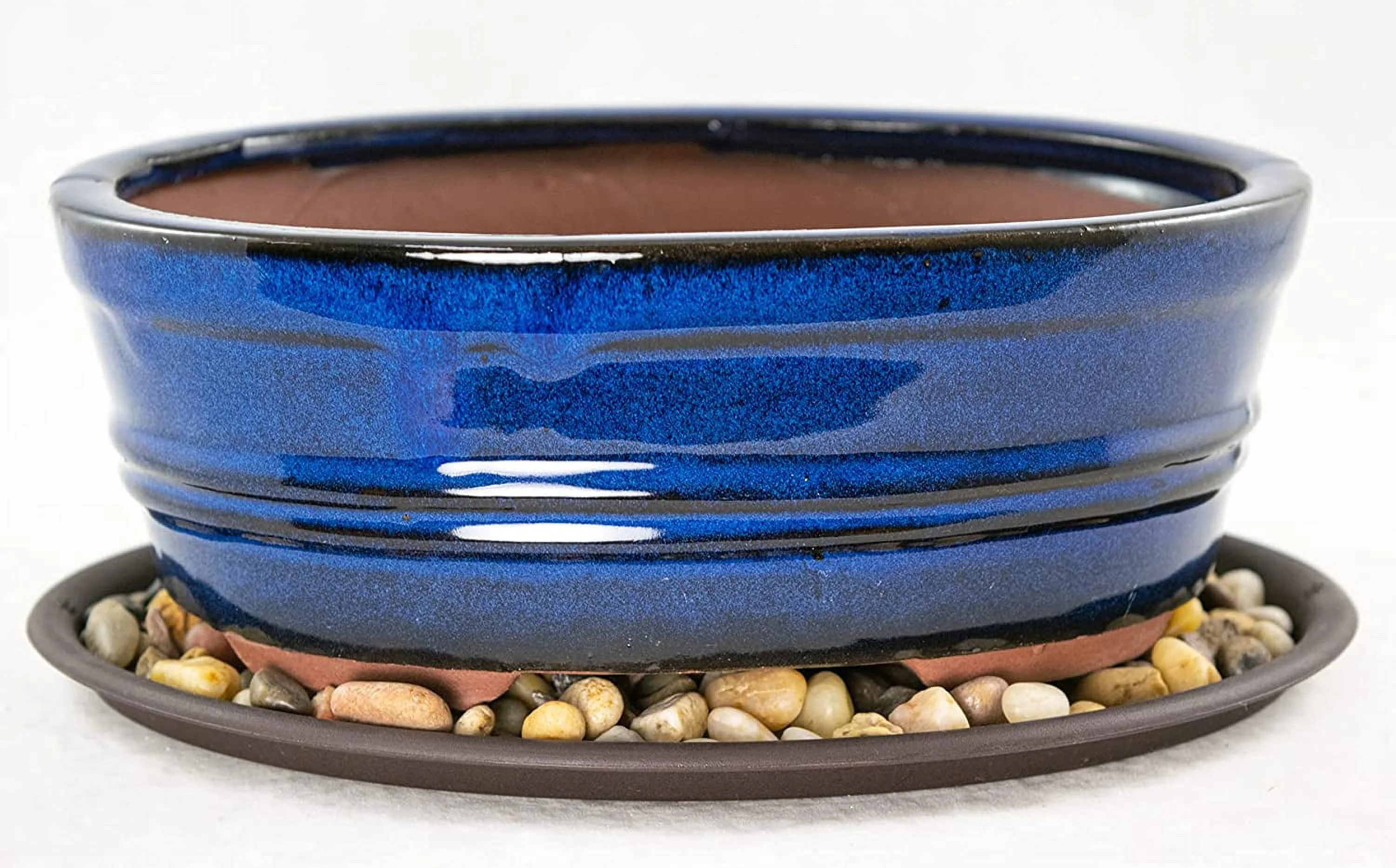 Oval Dark Blue Bonsai/Cactus & Succulent + Tray + Rock + Mesh Combo