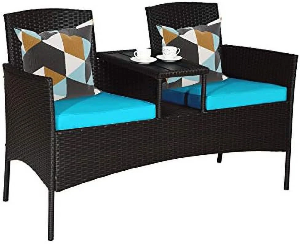 Outdoor Rattan Loveseat  Patio Conversation Set with Cushions & Table  Modern Patented Wicker Sofa Set with Built-in Coffee Table  Rattan Sofas for Garden Lawn Backyard