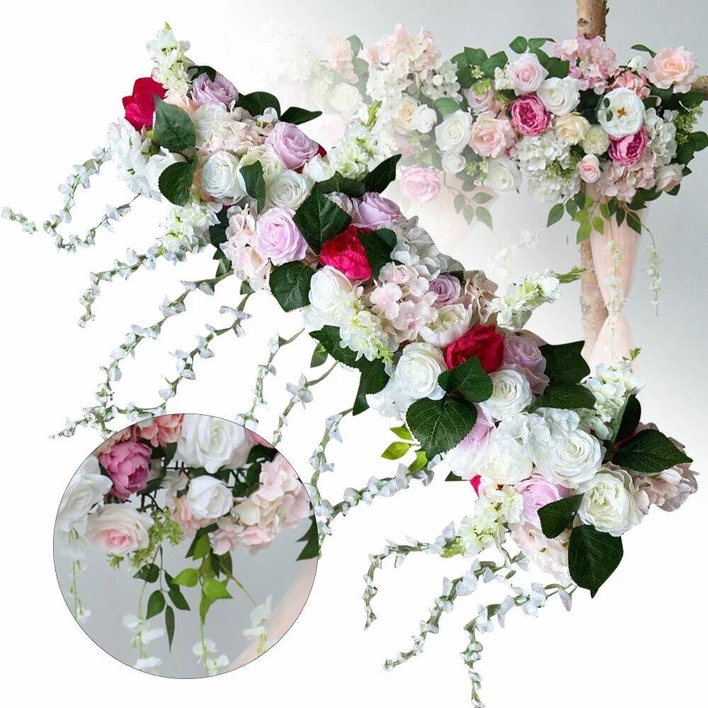 ZhdnBhnos 1M Artificial Silk Rose Flowers Row Wedding Party Backdrop Decor Floral Wall Panel Arrangements DIY (Pink+White)