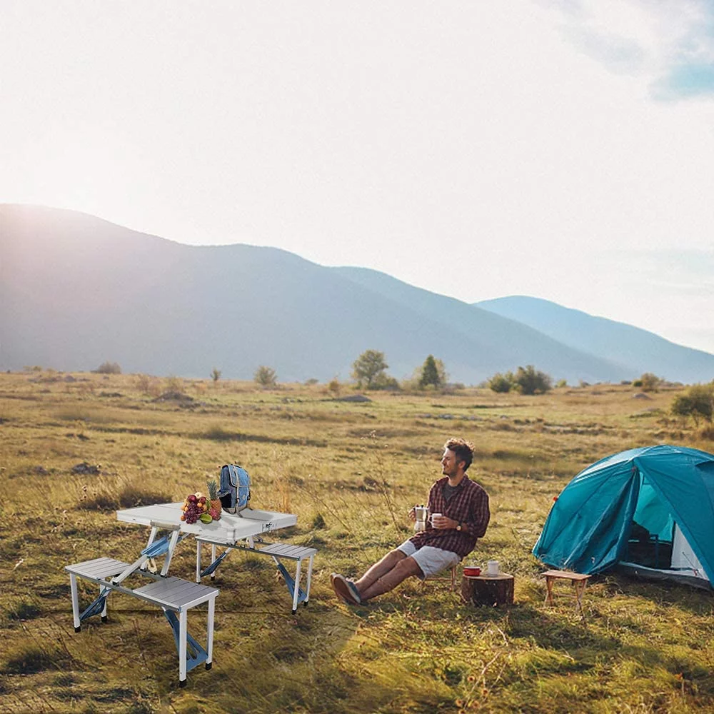 Picnic Tables, One Piece Folding Table and Chair Aluminum Alloy, Portable Folding Camping Picnic Table and 4 Seats, Portable Desk, for Indoor Outdoor Travel, Camping, Hole for Parasol