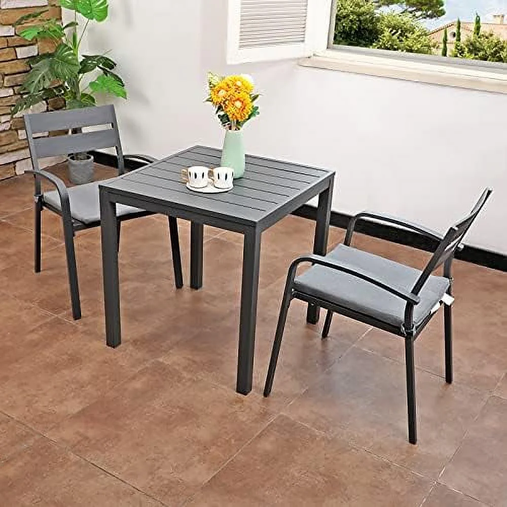 AEFRGHS 3-Piece Patio  Aluminum Patio Table and Chairs with Cushion Outdoor Dining Table Set  Dark Grey Finish & Grey Cushion