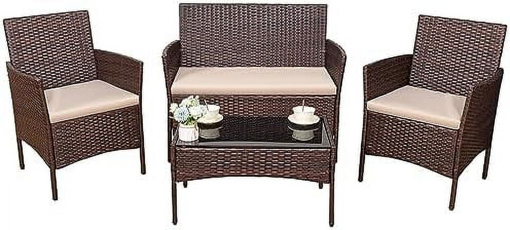 QUGDXVBN 4 Pieces Outdoor Patio  Set  PE Rattan Wicker Chairs Balcony Lawn Porch Patio  Sets with Beige Cushion and Table (Brown)