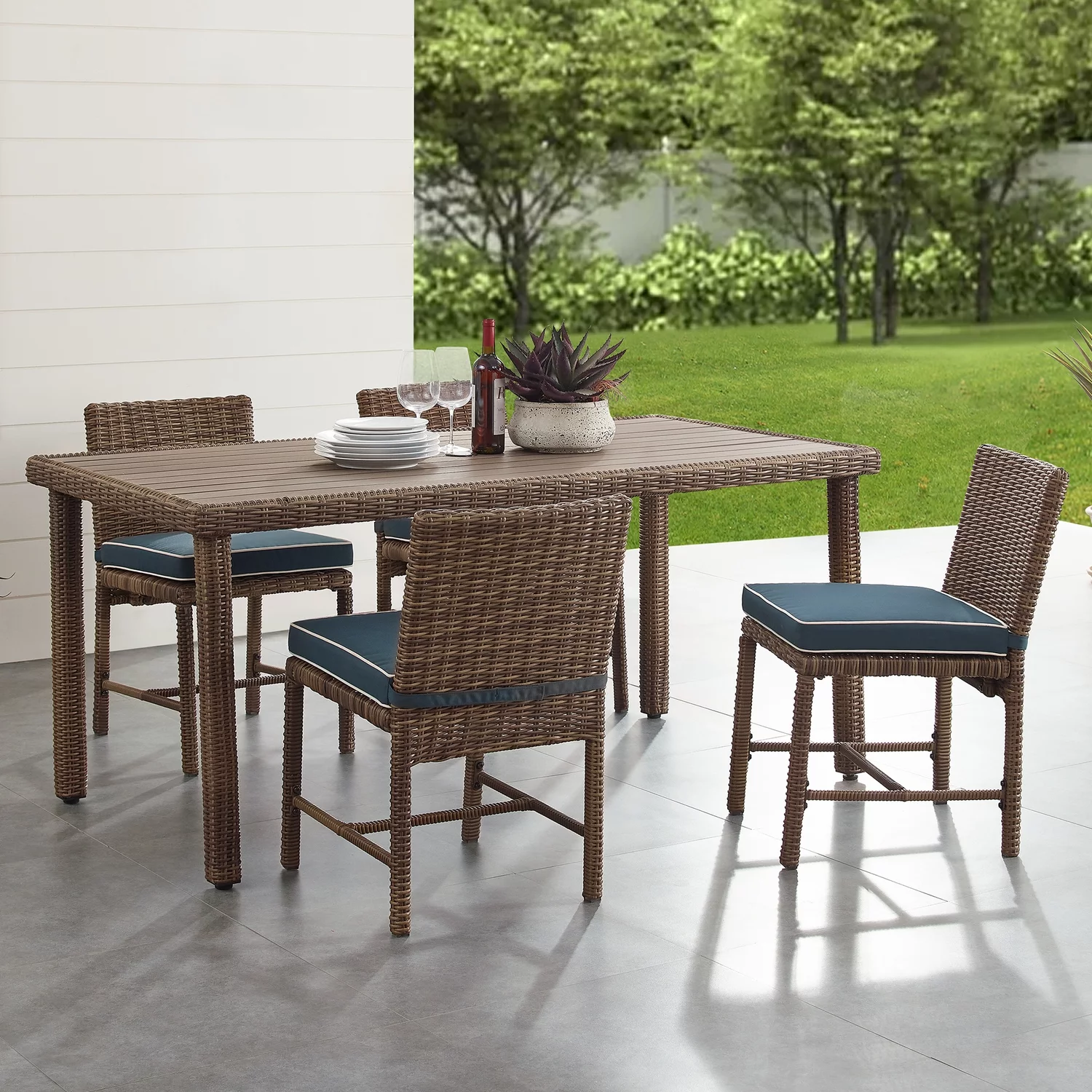 HomeStock Sophisticated Simplicity 5Pc Outdoor Wicker Dining Set Navy/Weathered Brown - Dining Table & 4 Dining Chairs