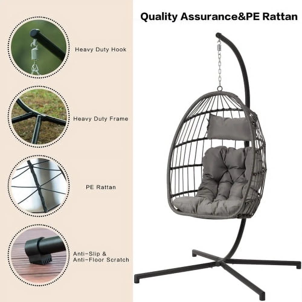 Outdoor Garden Rattan Egg Swing Chair Hanging Chair Light Gray Cushion