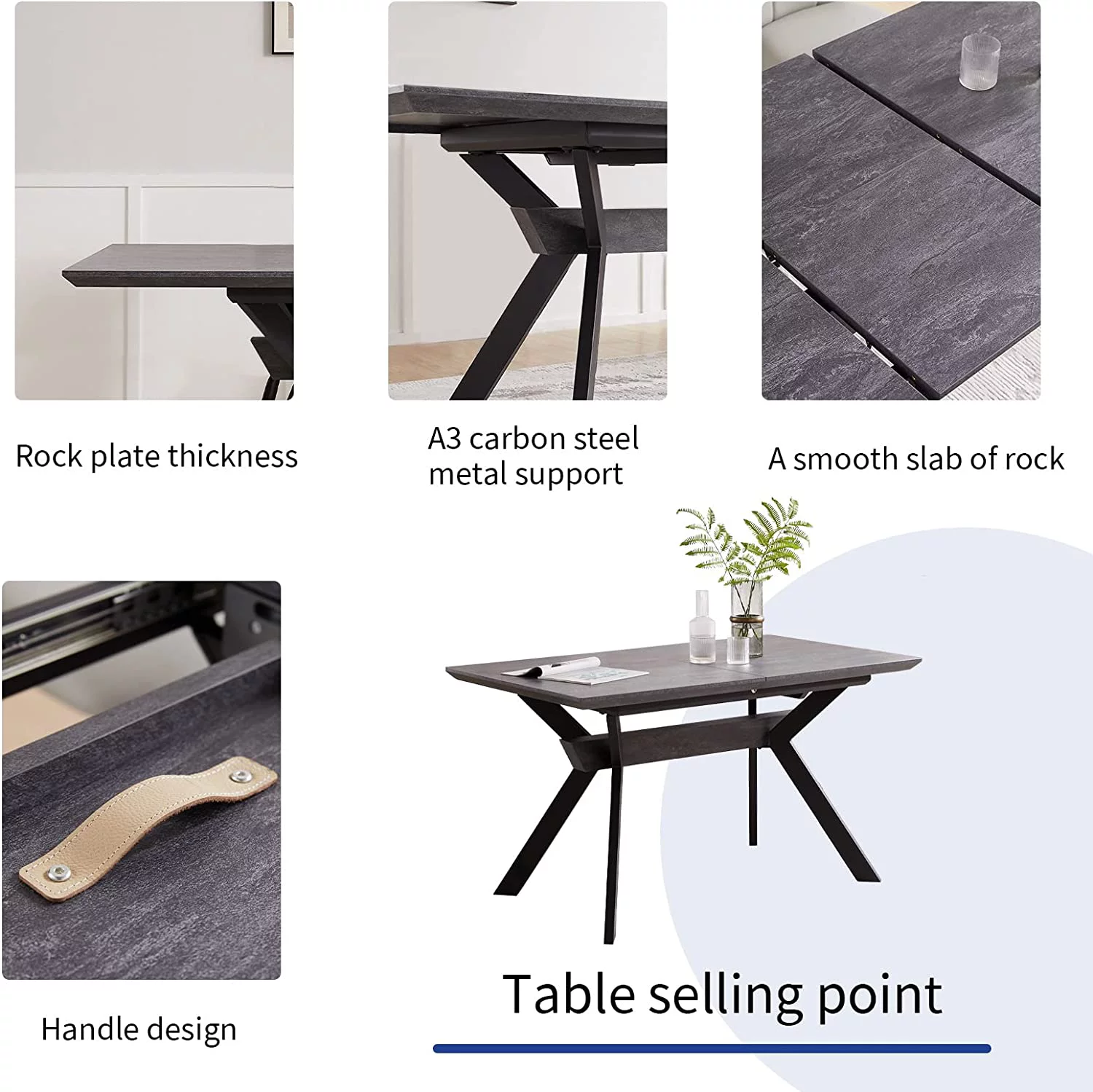 Dining Room Table Set 6-8 Person Kitchen Table and Chairs Modern Extendable Dining Table with 8 Leather Upholstered Dining Chairs (Table + 8 Black Chairs)