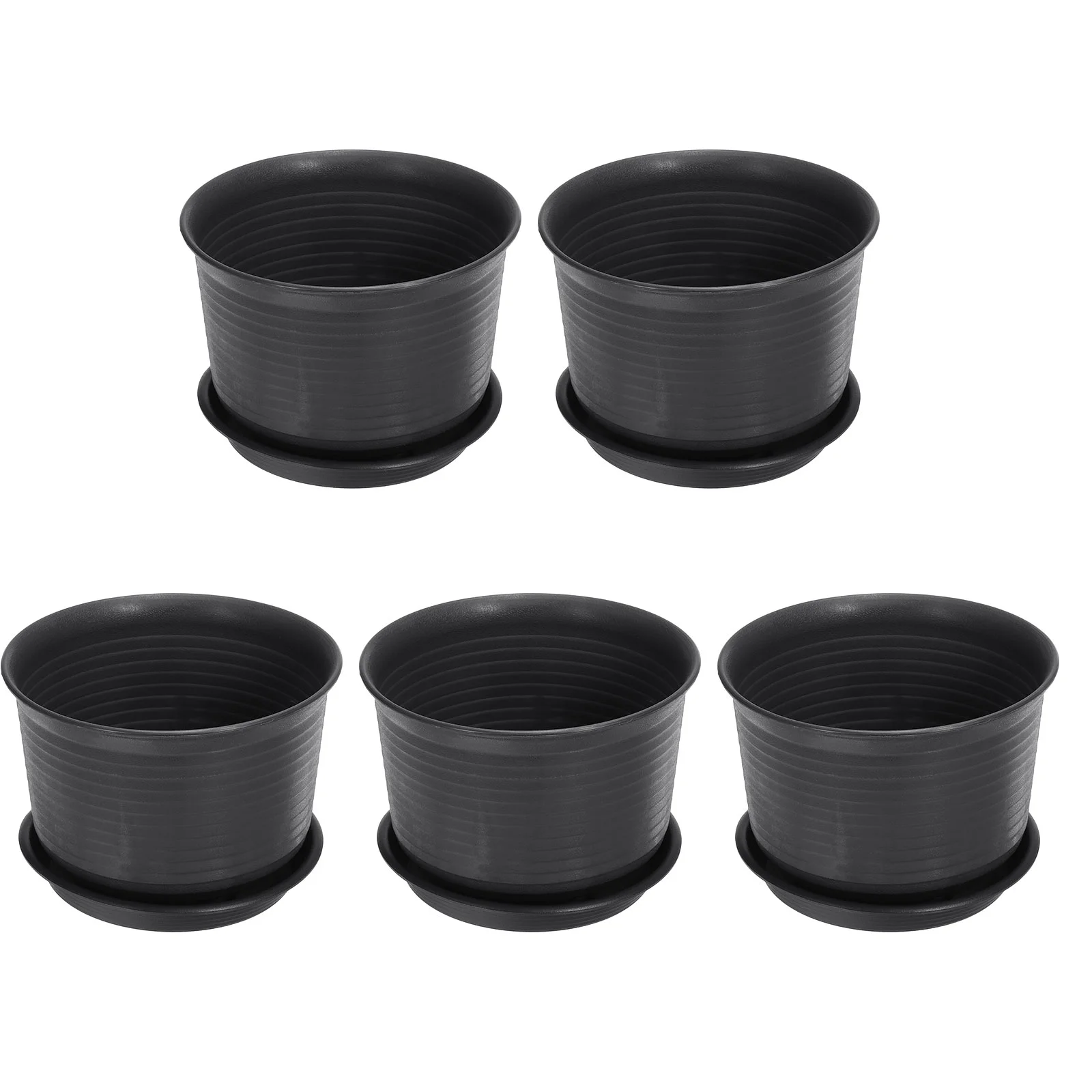 Uxcell 7 Inch Plastic Plant Pots Flower Planters with Drainage Holes and Tray, Black 5 Pack